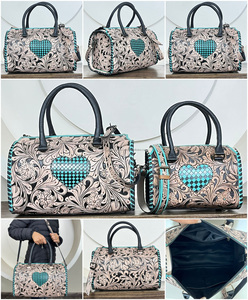 Hand-Tooled Cow Leather Large Speedy Duffel <b>Bag</b> with Turquoise Checkered Heart Western Design Custom <b>Travel</b> Handbag <b>for</b> Women's - Product Image 3