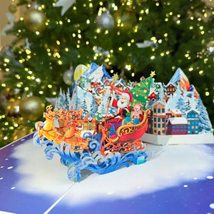 Tarjeta de felicitación navideña 3D emergente con trineo de Papá Noel y escena de pueblo nevado, impresión digital en papel, tarjeta festiva con laminación brillante - Product Image 2