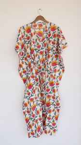 Handcrafted Indian Cotton <b>Kaftan</b> <b>Dress</b> <b>Womens</b> Floral V Neck Drawstring Waist - Product Image 3