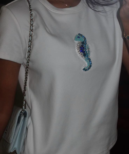 เสื้อยืดแฟชั่นสำหรับผู้หญิงเสื้อยืดปักลูกปัดผ้าฝ้ายสั้นแต่งพู่ลูกปัดแบบสองด้านที่ทันสมัยหรูหรา - Product Image 5