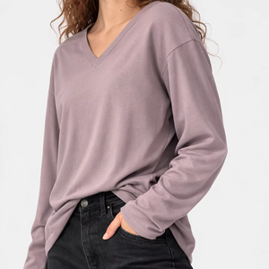 Camiseta de Manga Larga con Cuello en V para Mujer, Transpirable, Ecológica, Antipilling, de Secado Rápido, Informal, Holgada, de Algodón, con Logotipo Personalizado OEM - Product Image 1