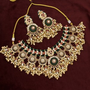 Traditional Ethnic Gold Plated Alloy Green <b>Ruby</b> Choker <b>Necklace</b> Set with Matching Earrings for Women Wedding Party Wear Jewelry - Product Image 5