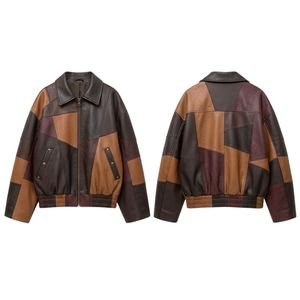 Custom Breathable Patchwork Sheepskin <b>Leather</b> <b>Jacket</b> Multi Brown Geometry Spread Fold Neckline Elastic Hem <b>Plus</b> Women Coats - Product Image 3
