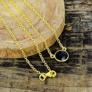 Natural <b>Black</b> Onyx Round Shape Charm Gemstone <b>Chain</b> Necklace 18k Gold Micron Over 925 Sterling Silver - Product Image 4