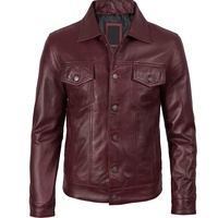 Blouson Trucker en Cuir Véritable pour Homme Style Jean Bordeaux/Maroon, Veste Décontractée Boutonnée OEM pour Université