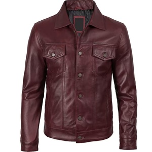 Blouson Trucker en Cuir Véritable pour Homme Style Jean Bordeaux/Maroon, Veste Décontractée Boutonnée OEM pour Université - Product Image 1