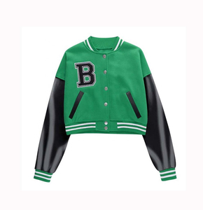 Chaqueta Varsity de Béisbol de Estilo Sencillo y Moderno para Mujer, Fabricante Mayorista, Chaqueta Corta Personalizada de Cuero Genuino y Lana - Product Image 6