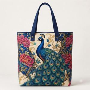 Peacock Royal Floral Printed Cotton Canvas <b>Tote</b> <b>Bag</b> <b>Vintage</b> Large Capacity Women Shoulder Handbag Eco Friendly Reusable Shopping - Product Image 2