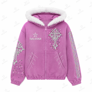 SALSTAR Sweat à capuche en polaire violet pour femme avec perles croisées et paillettes, veste décontractée d'hiver - Product Image 3