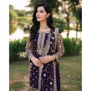 ชุดซัลวาร์คามีซผ้าไหมสำหรับงานปาร์ตี้ ไซส์ XL เสื้อ-กางเกงพลลาโซและผ้าคลุมไหล่ พร้อมงานปักหนัก - Product Image 3