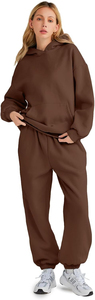 Custom Women's Chocolate Brown Oversized Pullover Tracksuit Fleece Hoodie Kangaroo Pocket <b>Cuffed</b> <b>Jogger</b> Pants Wholesale OEM - Product Image 2