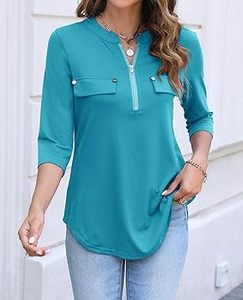 Womens Lightweight Slimming Tshirt New Design Zipper Elegant <b>Tunic</b> Blouse Plain Three Quarter <b>Sleeve</b> - Product Image 2