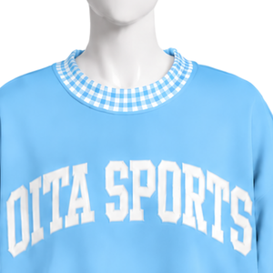 Sweat-shirt décontracté bleu clair pour homme, coupe ample, col et poignets à carreaux, manches longues, motif graphique, pull décontracté tendance - Product Image 3