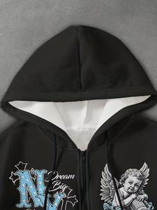 Survêtement à coupe évasée en tissu éponge, style patchwork, épais, avec appliqué vieilli et délavé, effet délavé à l'acide, brodé de strass, avec sweat à capuche court zippé - Product Image 5