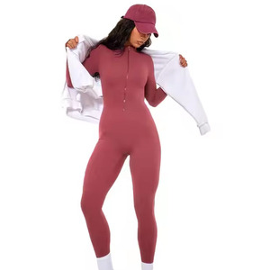 Combinaison moulante taille haute pour femme avec fermeture éclair, manches longues, couleur unie, effet ventre plat, style streetwear - Product Image 1
