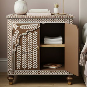 Mesa de Noche Moderna de Lujo con Incrustaciones de Hueso, Ecológica y Hecha a Mano, con 3 Cajones, Gabinete Auxiliar, Diseño Floral Marrón y Blanco - Product Image 5