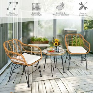 Set di Mobili da Esterno in Rattan - 3 Pezzi, Resistente Arredo per Balcone con Sedie Imbottite e Tavolo - Product Image 3