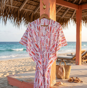 Caftán de algodón rosa con estampado de peces hecho a mano para mujer, ideal como salida de playa, kimono de verano de ajuste holgado, ropa de resort o vestido bohemio para estar en casa. - Product Image 3