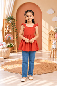 Haut d'été pour filles à col mandarin, tissé, coupe ample, à volants, imprimé, sans manches, style chemisier à volants, design simple, pour la vie quotidienne - Product Image 1