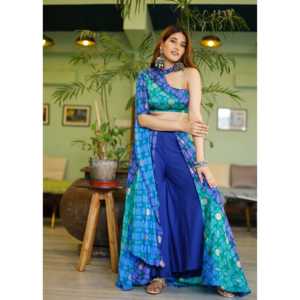 Conjunto de Falda de Gasa Azul Pétalo Transpirable para Mujer con Top de Manga Media y Hombro Descubierto, Talla XS - Product Image 3