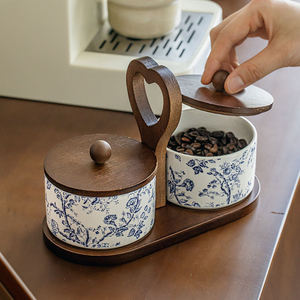 Chinese-style New Chinese Style Eco-Friendly Ceramic Seasoning Jar Wooden Lid Cover Multifunction <b>Kitchen</b> Spice Container - Product Image 2