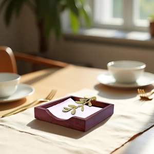 Napkin Holder Solid Wood Brown Finish Home Decor & <b>Kitchen</b> Decor Table Countertop issue Holder with Metal <b>Ornament</b> Arm in Silver - Product Image 5