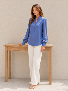 Blusa de Seda Satinada de Color Azul Premium, Cuello en V, Cuello Alto, Manga Larga, Camisa Elegante para Oficina, Ropa Formal para Mujer - Product Image 4