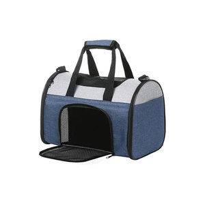 Breathable Mesh Pet Carrier Soft-Sided <b>Cat</b> Travel Bag With Zipper Closure Double Handle Gray Blue Oxford Material - Product Image 1