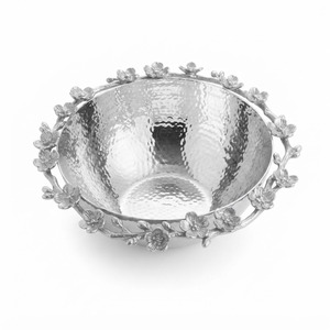 Hammered Stainless Steel Decorative Bowl With Nickelplate Orchid Floral Rim Luxury Tabletop Centerpiece For Home Decor & Wedding - Product Image 1