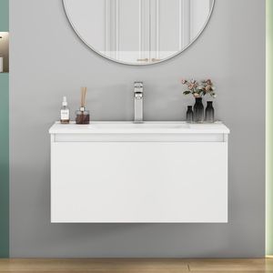 Mobile Bagno Sospeso da 32 Pollici con 1 Ampio Cassetto, Sistema Soft-Close, Lavabo in Ceramica, Design Senza Maniglie, Finitura in Legno Massello Verniciato - Product Image 6
