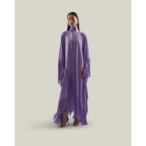 Robe longue élégante violette à col montant, manches trois quarts, détails à pompons, en mousseline transparente, coupe trapèze, écologique, toutes saisons - Product Image 1