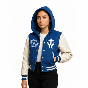 Women's Christian Jesus Crown of Thorns <b>Cross</b> Varsity Jacket Faith Inspired Waterproof Front Blue & White Hooded Bomber Jacket - Product Image 5