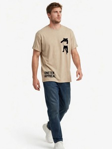 Oneten Apparel Camiseta de manga corta beige para hombre, cuello redondo, estampado gráfico de animales, top informal - Product Image 3