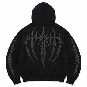 Sudadera con Capucha Negra Gótica para Hombre, con Cierre, de Algodón French Terry, Patrón Geométrico, Lavado Ácido, Bolsillo Delantero, Ropa Casual de Invierno, 350g - Product Image 2