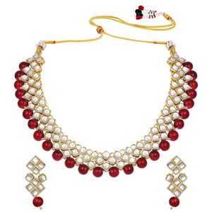Gold Plated Alloy Necklace Earrings <b>Set</b> with Red Kundan Geometric Design <b>for</b> <b>Women</b> <b>Wedding</b> Party Classic Jewelry - Product Image 1
