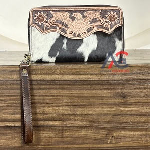 Custom Western Cowhide <b>Leather</b> Wallet Hand <b>Tooled</b> <b>Leather</b> Eagle Design Wristlet Zipper Wallet OEM ODM Ladies Clutch Organizer - Product Image 1