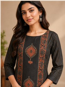 Kurti Negro de Seda Estampada para Mujer, Cuello Redondo, Manga Tres Cuartos, Corte Recto, Túnica Étnica, Estilo Casual, Elegante y Tradicional - Product Image 2