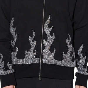 Sudadera con capucha negra para hombre con cremallera, estampado de llamas con pedrería, estilo urbano, corte oversize, manga regular, de algodón tejido, para otoño - Product Image 4