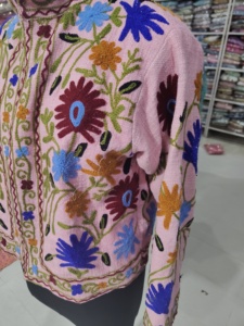 Women's Pink Floral Embroidered Blouson Jacket Mandarin Collar Full Sleeve Hand Embroidery Autumn Style <b>gift</b> for her - Product Image 3