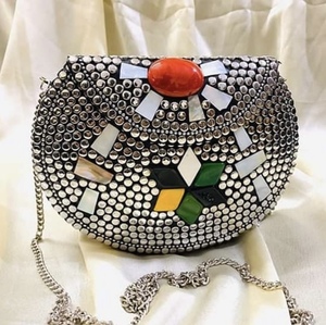 Folk Art Metal Clutch <b>Bag</b> With Silver Plated <b>Studs</b> And Colorful Stones Irregular Shape Craft - Product Image 5