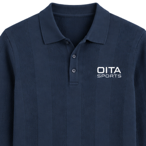 Polo de Punto de Manga Larga Azul Marino para Hombre, con Rayas Verticales Texturizadas, Cuello Acanalado, Estilo Casual, Prenda Superior de Moda Premium - Product Image 3