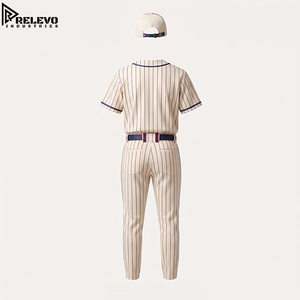 OEM Custom Cream and <b>Navy</b> Pinstripe Baseball Uniform Kit with <b>Cap</b> Designed for Sports Teams and Bulk Wholesale - Product Image 2