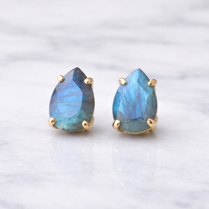 Natural Labradorite Pear Cut <b>Stud</b> <b>Earring</b> Faceted Gemstone Prong <b>Set</b> Handmade Minimalist Birthstone Jewelry January Gift for Her - Product Image 4