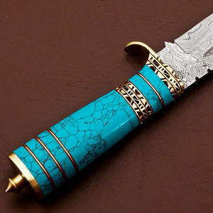 Couteau Bowie Damas fait main, manche en marbre et laiton, lame fixe, étui en cuir - Product Image 5