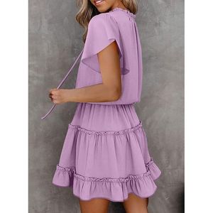 Mini Abito Viola con Maniche Corte, Scollo a V e Volant in Chiffon per Primavera Estate - Taglia Media, Abito da Club - Product Image 3