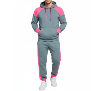 Ensemble de survêtement pour homme gris ardoise et rose fluo – Sweat à capuche à manches raglan avec poignets contrastants et pantalon assorti – Collection Athlétique - Product Image 1