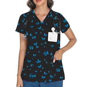 Women's Printed Floral <b>Scrub</b> <b>Top</b> Short Sleeve V-Neck Polyester Woven Hospital Uniform Blouse - Product Image 5