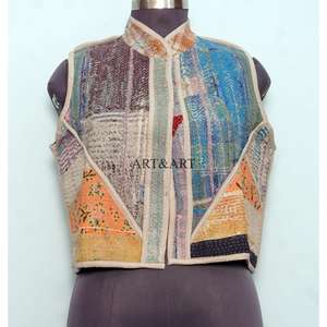 Chaleco Étnico para Mujer, Hecho a Mano en India, de Algodón con Parches Multicolores, Estilo Kantha Vintage, Corto, Transpirable y Ecológico - Product Image 6