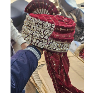 Royal Maroon Velvet Groom Turban with Embroidery Indian Wedding Pagdi 55cm for Men - Product Image 4