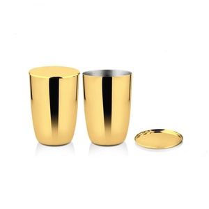 Ensemble de verres en acier inoxydable doré avec couvercle, finition miroir haute brillance, réutilisable, design moderne et luxueux, écologique, cadeaux d'affaires - Product Image 2